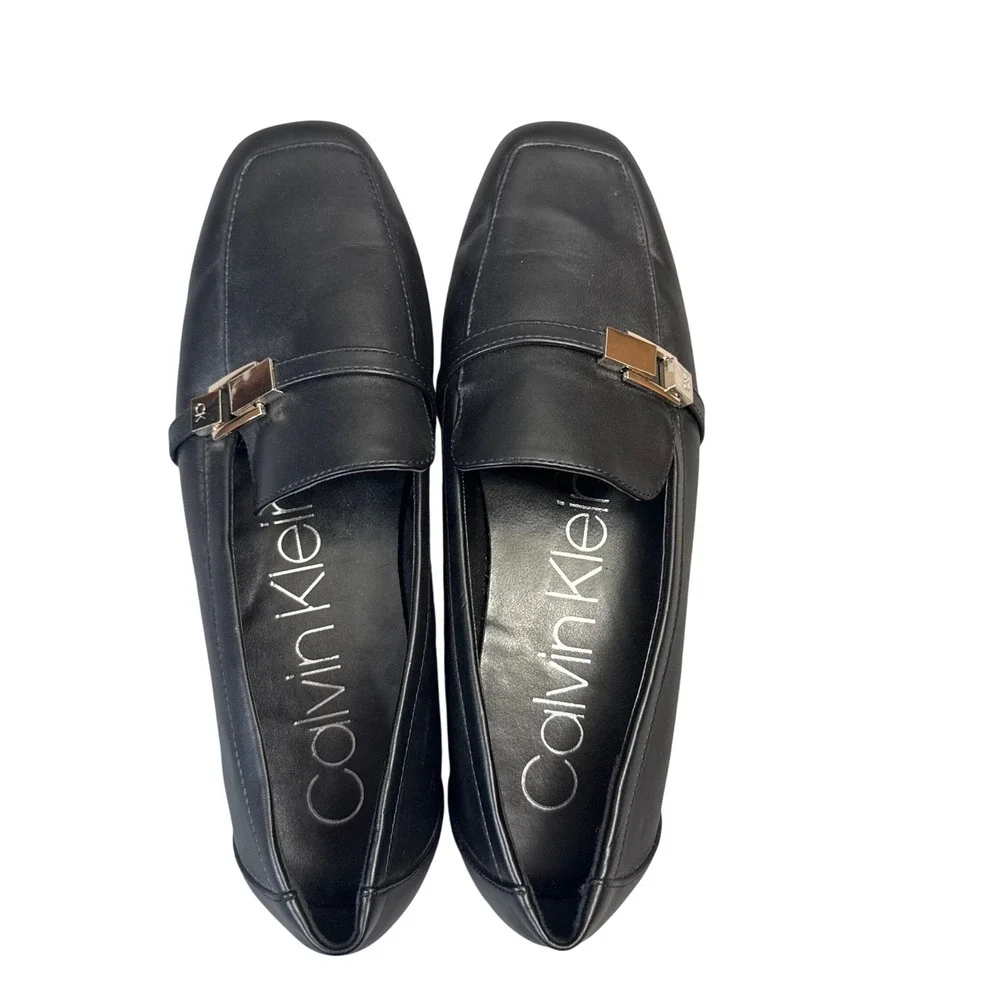 Calvin Klein Mens Black Leather Square Toe Loafers Silver CK Buckle Size 9M